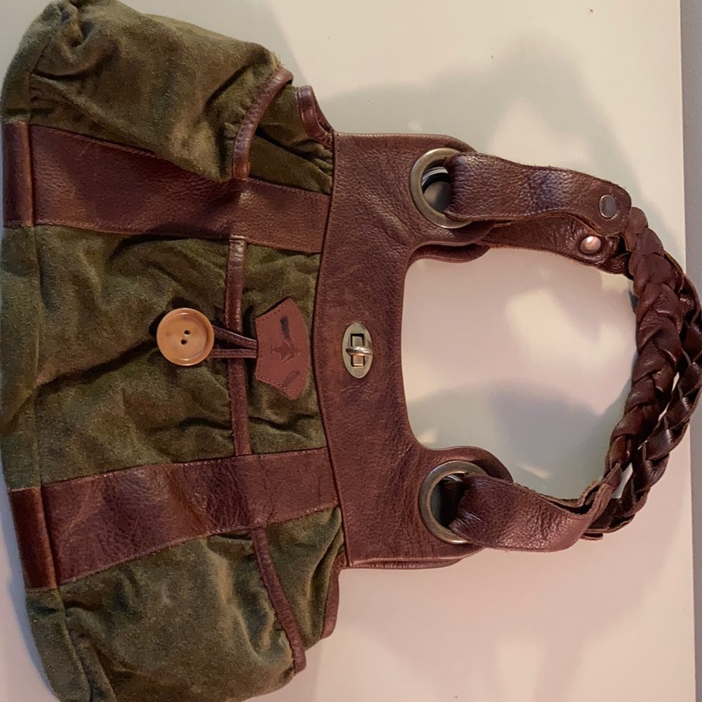 Green suede, brown leather handbag